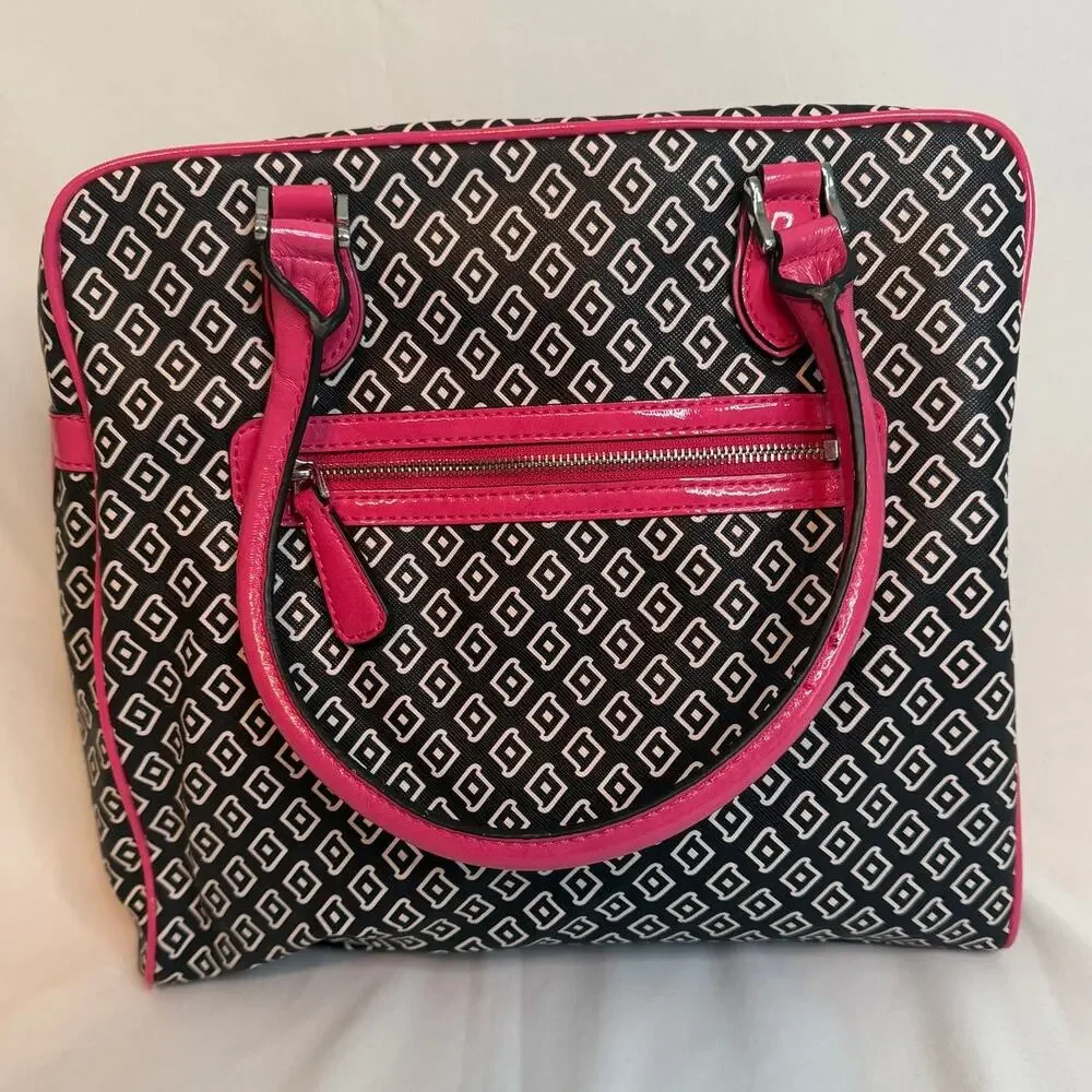 GUESS Satchel Black/White with Pink Trim Zipper Closure Handbag